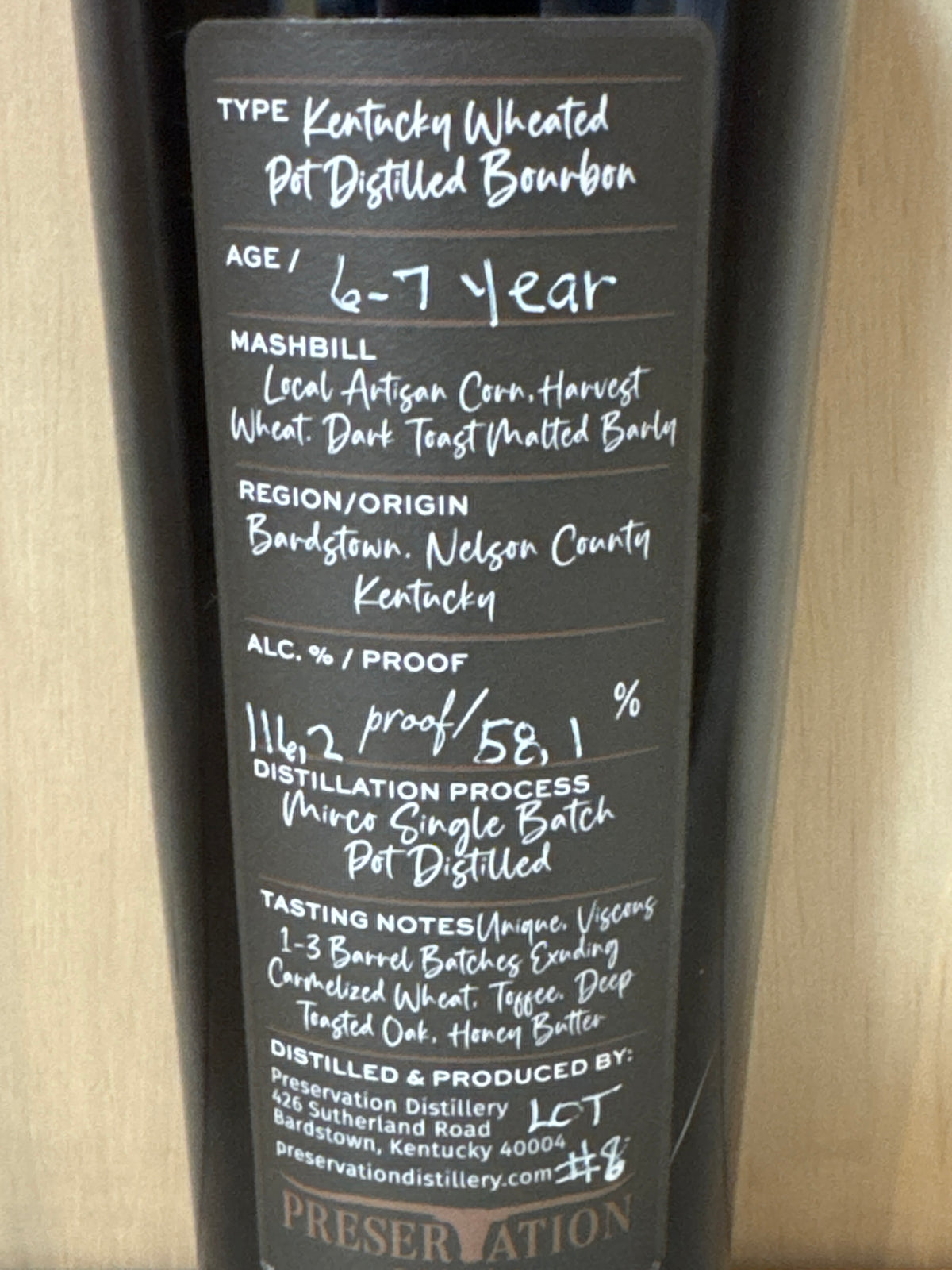 Preservation Distillery 6 Year Pot Still Wheated Bourbon 750ml (Perfect for Engraving)